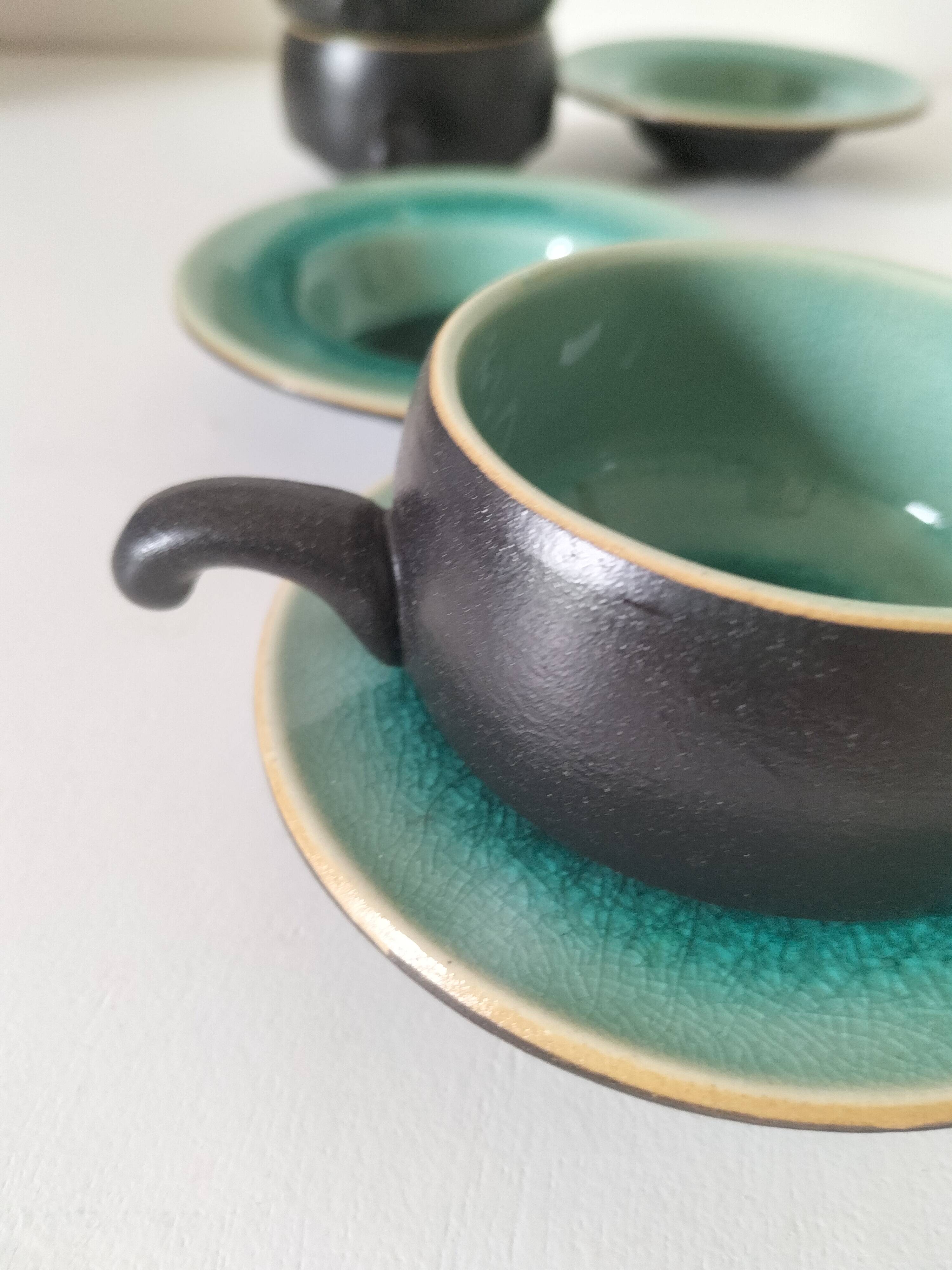 Set of three ceramic cups and saucers – crackled turquoise glaze