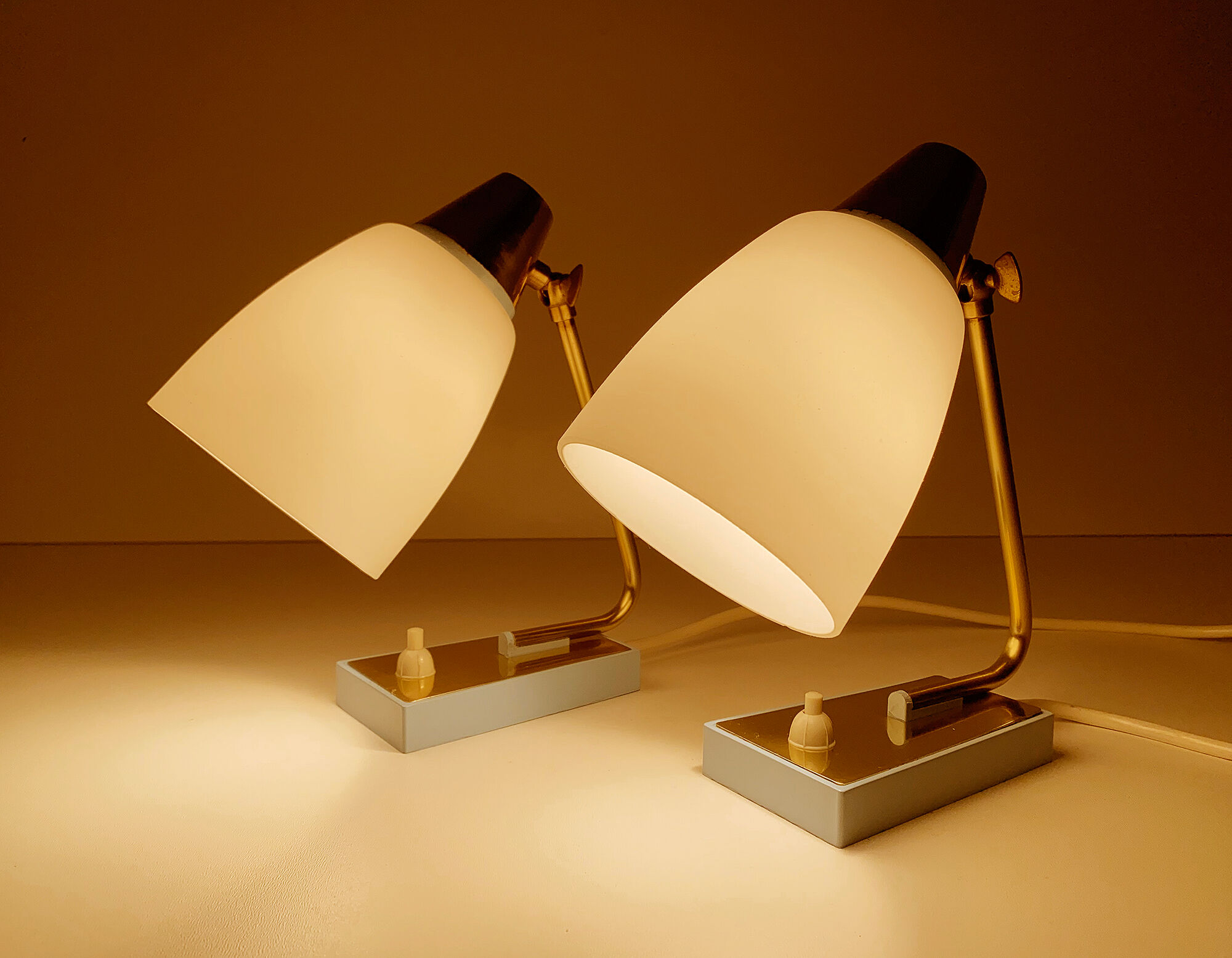 Pair of vintage table or bedside lamps, brass and glass, 50s 60s