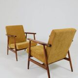 Vintage set of armchairs, golden yellow fabric, refurbished, 1970