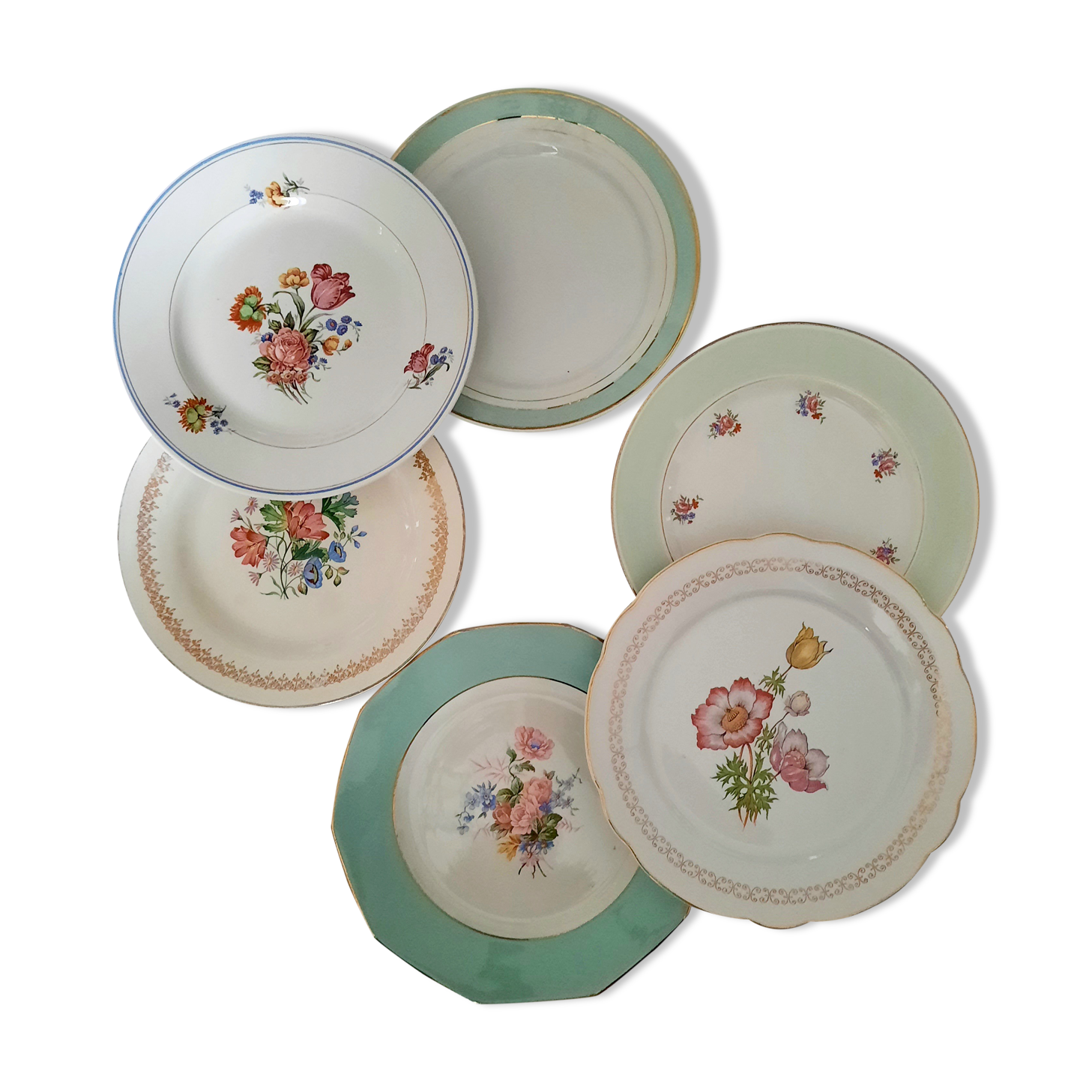 Pitted old flat earthenware plates with gold