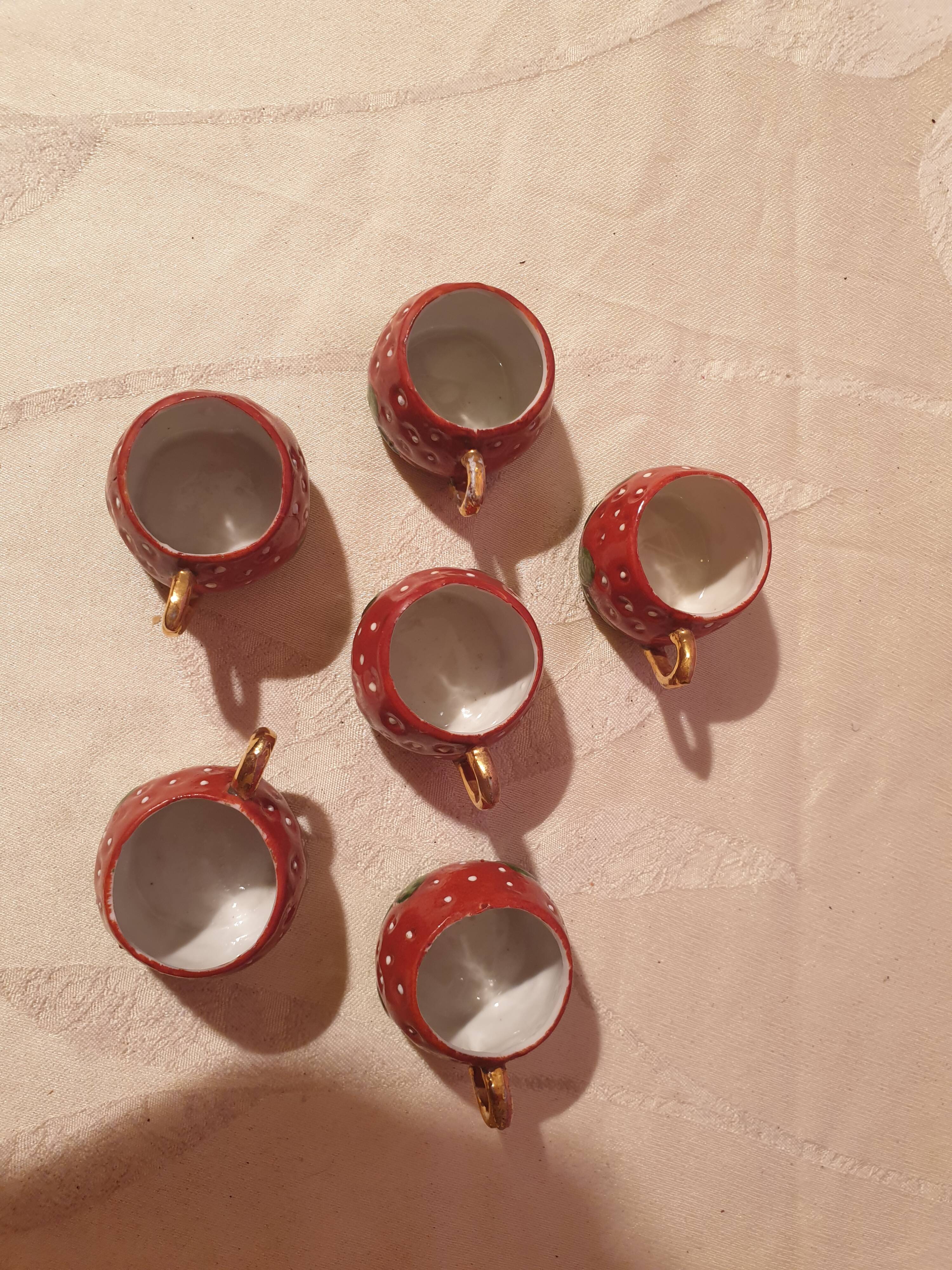 Old strawberry liqueur service carafe 6 small porcelain cups biscuit barbotine