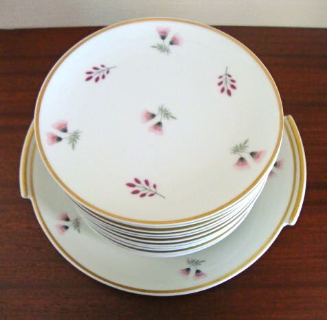 Set 12 plates and 1 porcelain dessert dish