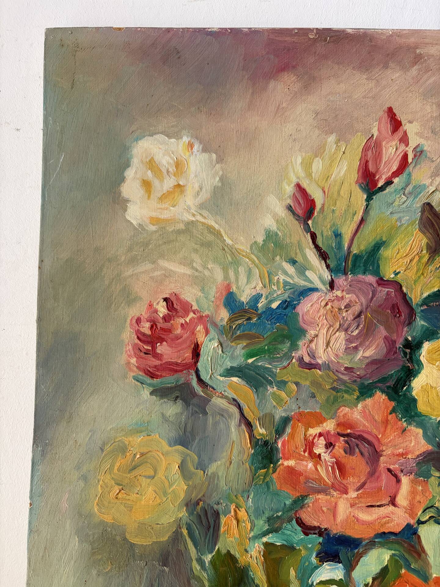 Roses, oil on panel signed Frigola 1965