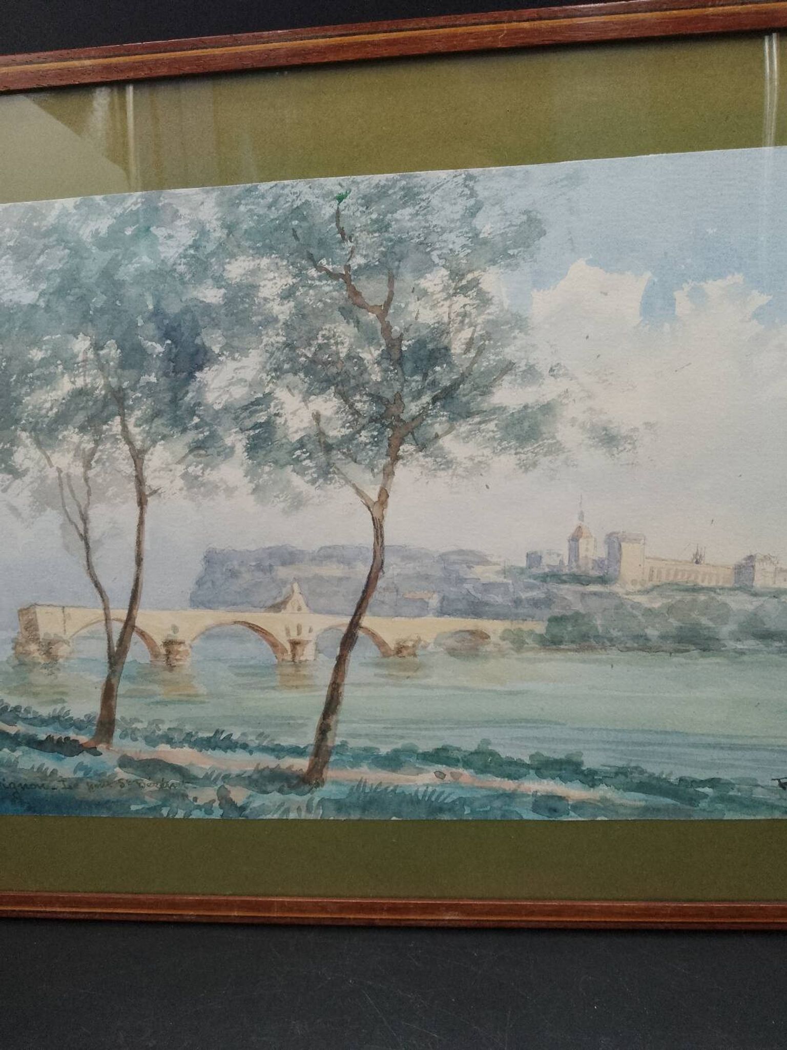 Tableau peinture aquarelle signé r. blossier avignon le pont benezet encadré