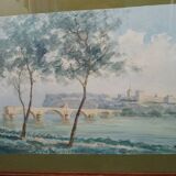 Watercolor painting signed r. blossier avignon the benezet bridge framed