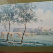 Tableau peinture aquarelle signé r. blossier avignon le pont benezet encadré