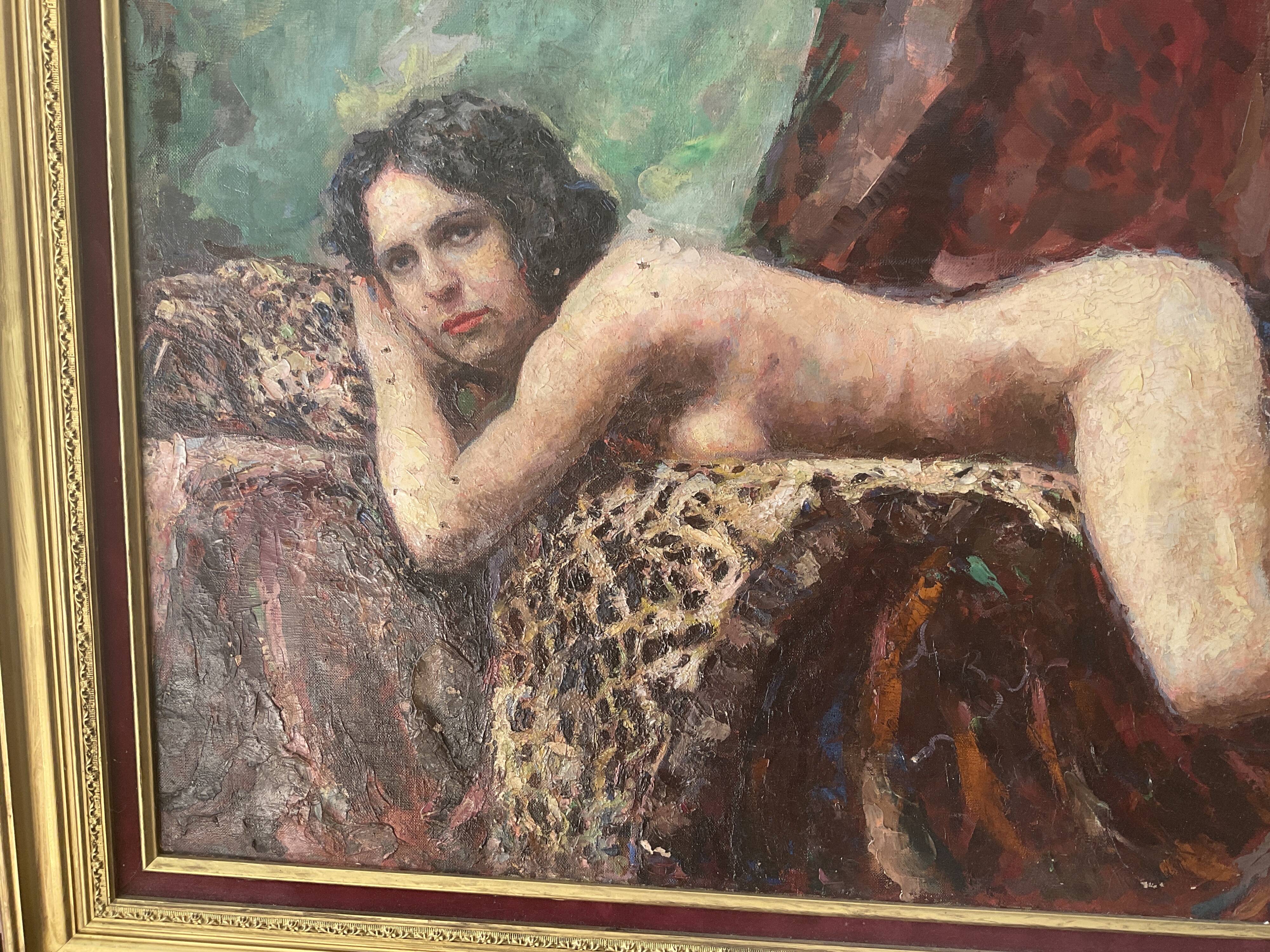Ancient nude female painting signed Laudati, oil on canvas, French school 20th century.