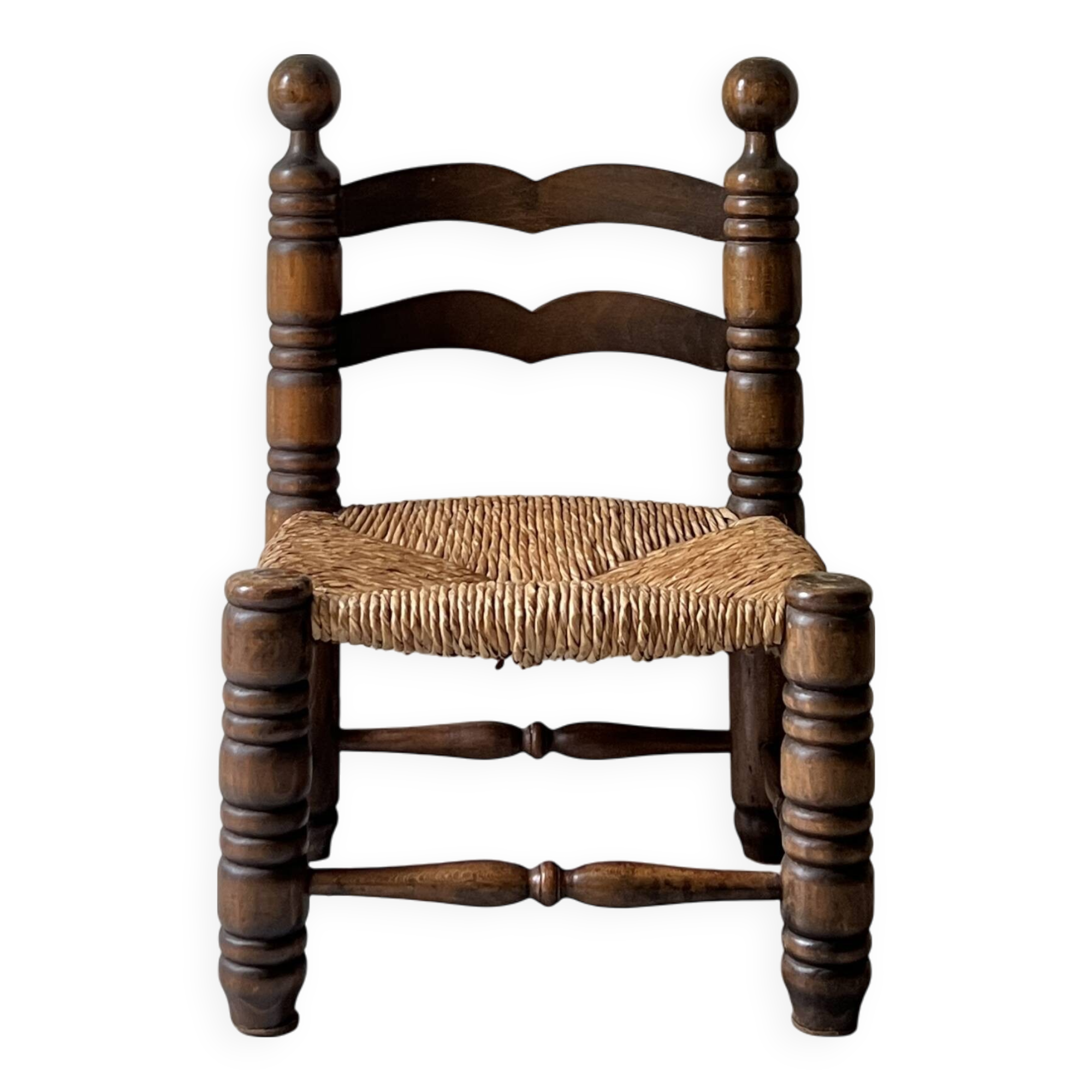 Vintage  chair in turned wood and straw, . 1950