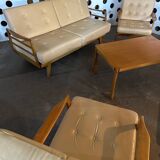 Scandinavian Style Sofa + Three Armchairs Set in Light Wood and Leather