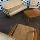 Scandinavian Style Sofa + Three Armchairs Set in Light Wood and Leather