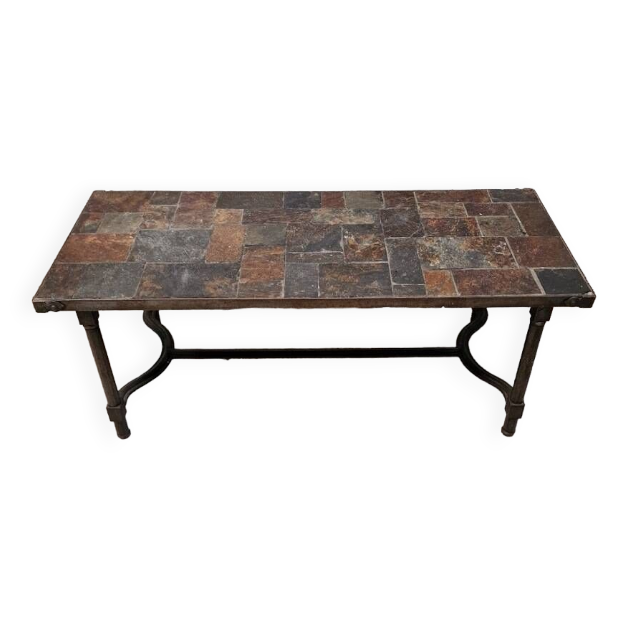 Vintage wrought iron and slate coffee table