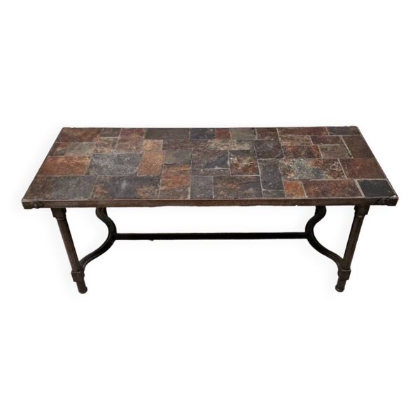 Vintage table basse fer forge et ardoise — Beyit