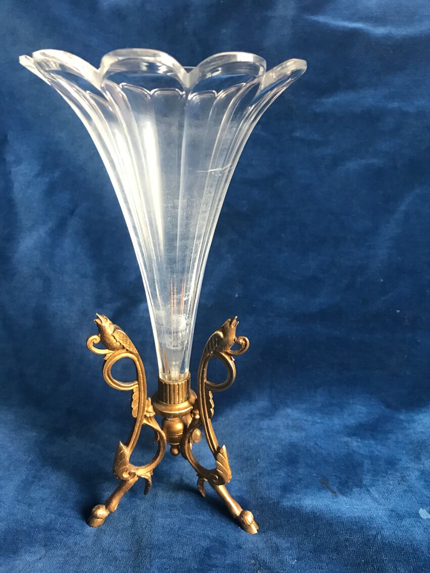 Vase cornet en cristal et bronze XIX eme | Selency