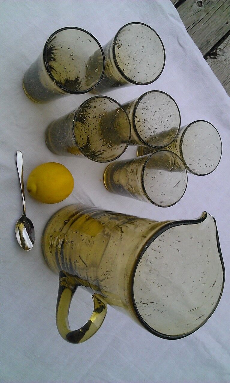 6 glasses and pitcher BIOT olive green bulled glass