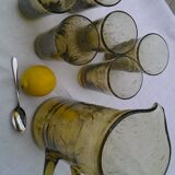 6 glasses and pitcher BIOT olive green bulled glass