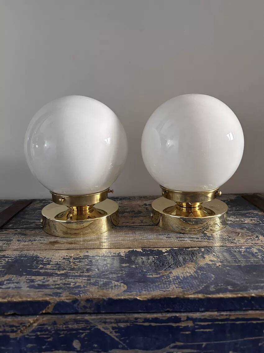 Set of two white opaline ball wall lights