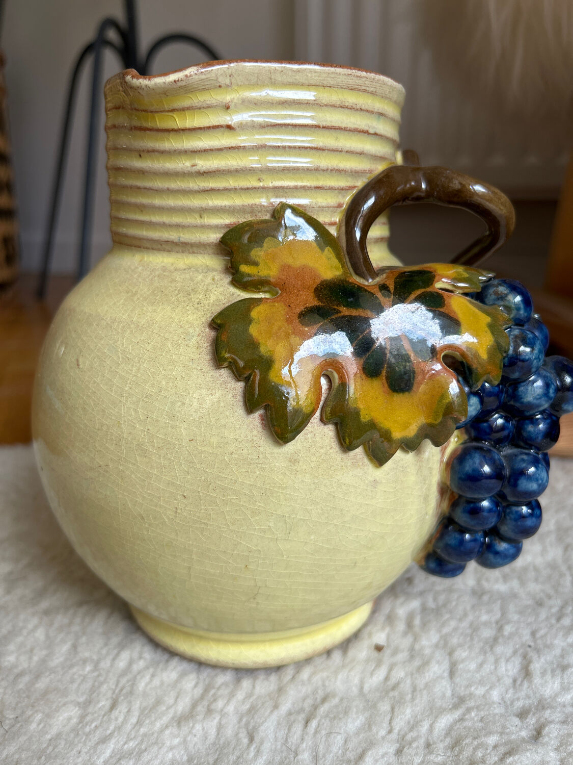 Earthenware jug/carafe HB with grape bunch slip decoration.