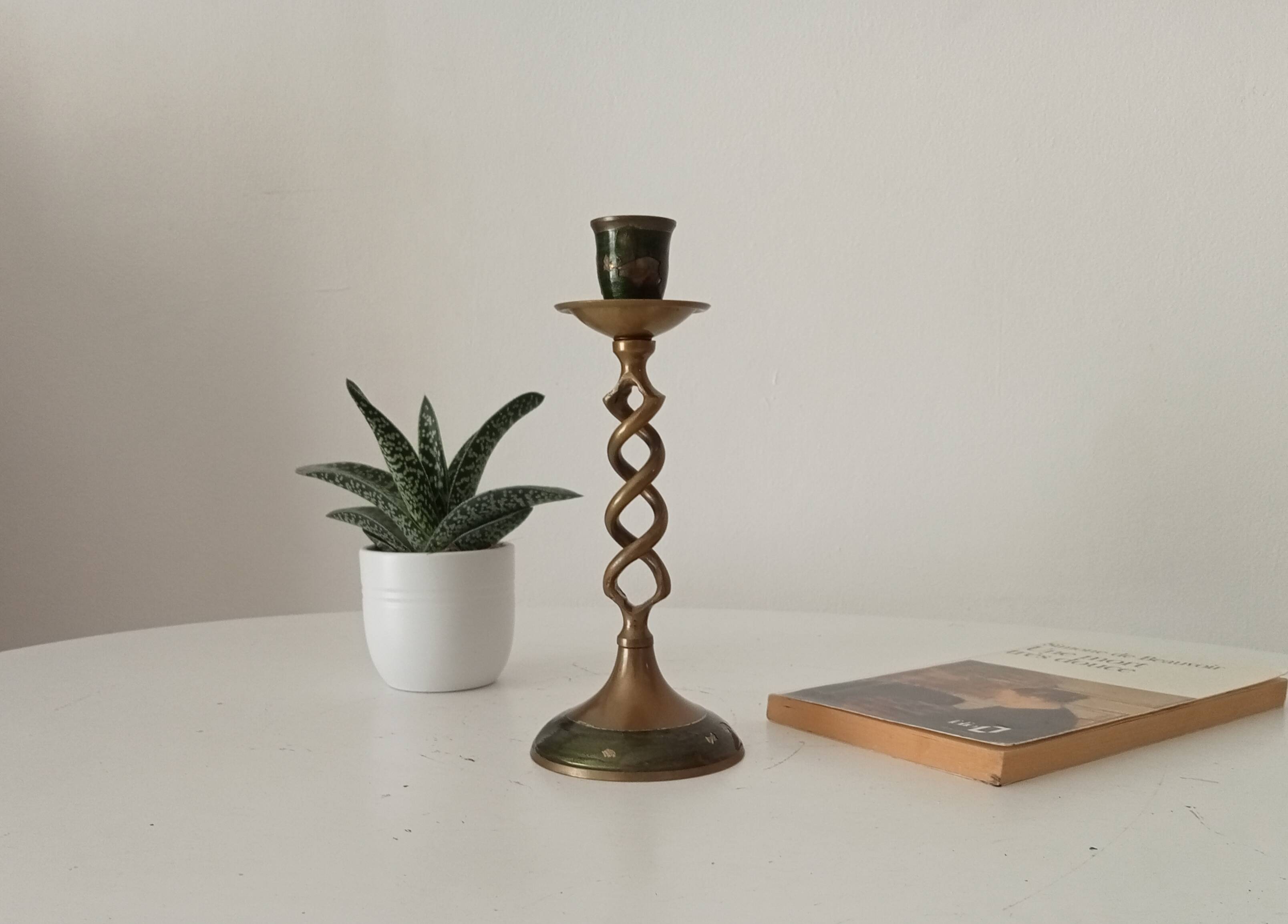 Twisted vintage candlestick in enamelled solid brass