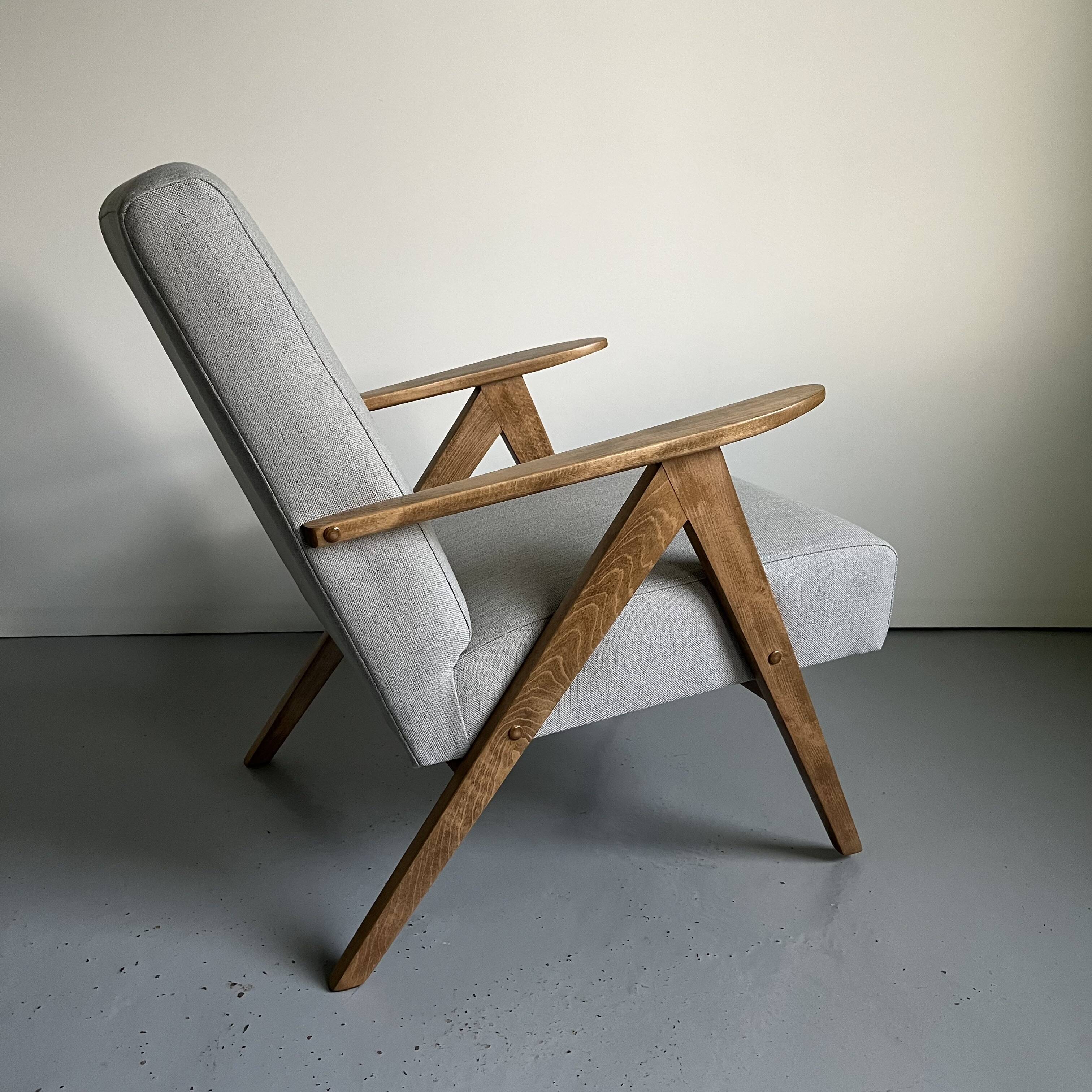 Vintage Mid Century Modern Armchair: Grey Fabric & Beech Wood Frame