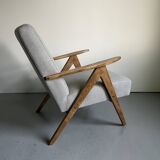 Vintage Mid Century Modern Armchair: Grey Fabric & Beech Wood Frame