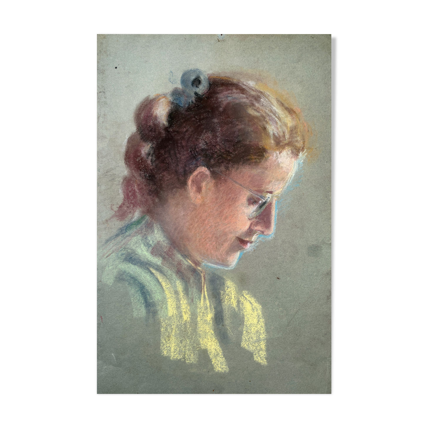 Pastel painting "woman with a ribbon reading" circa 1950