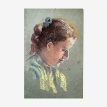 Tableau Pastel "femme au ruban à la lecture" vers 1950