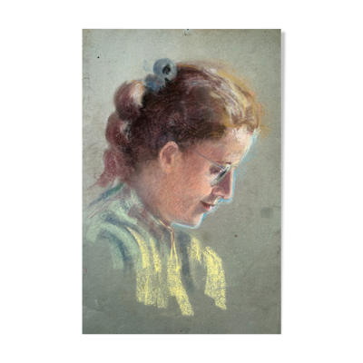 Tableau Pastel ''femme au ruban à la lecture'' vers 1950