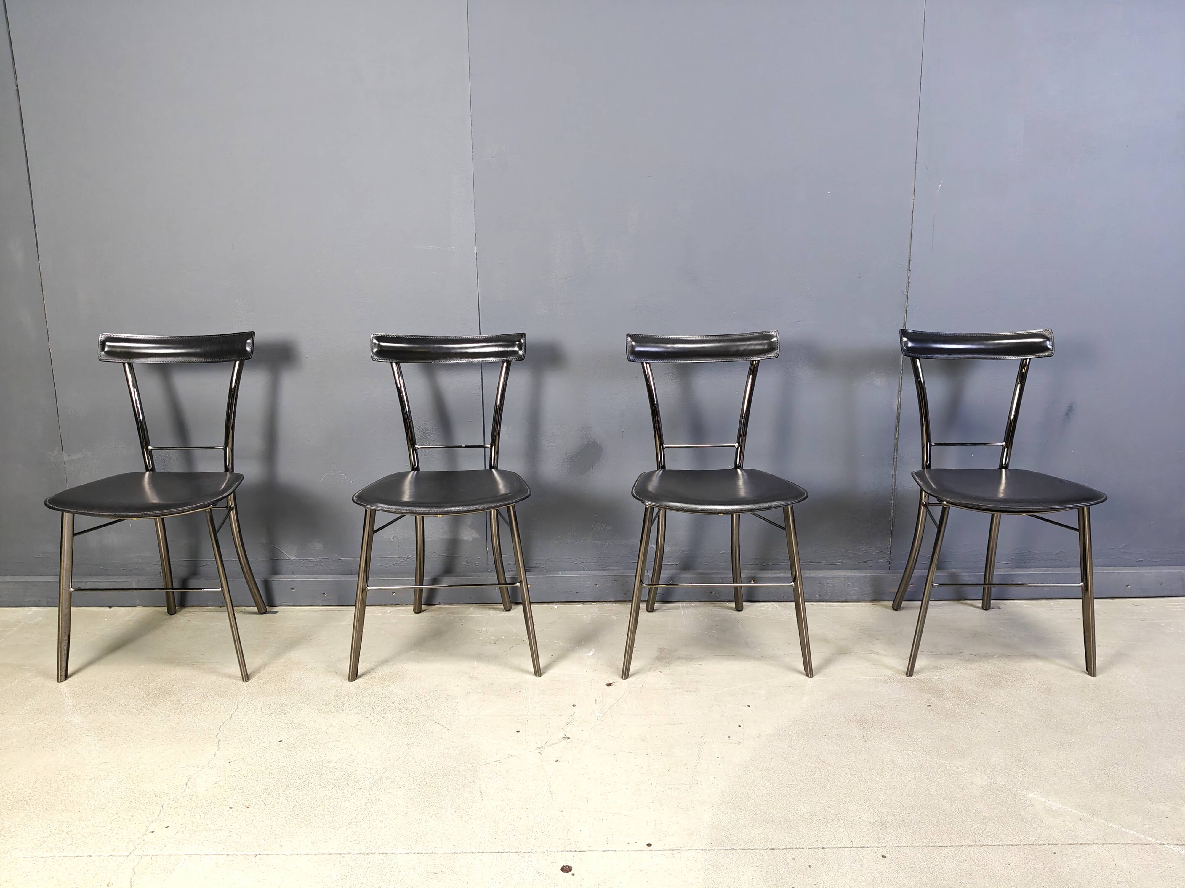 Vintage black leather dining chairs by Arrben Italy, 1980s - set of 4