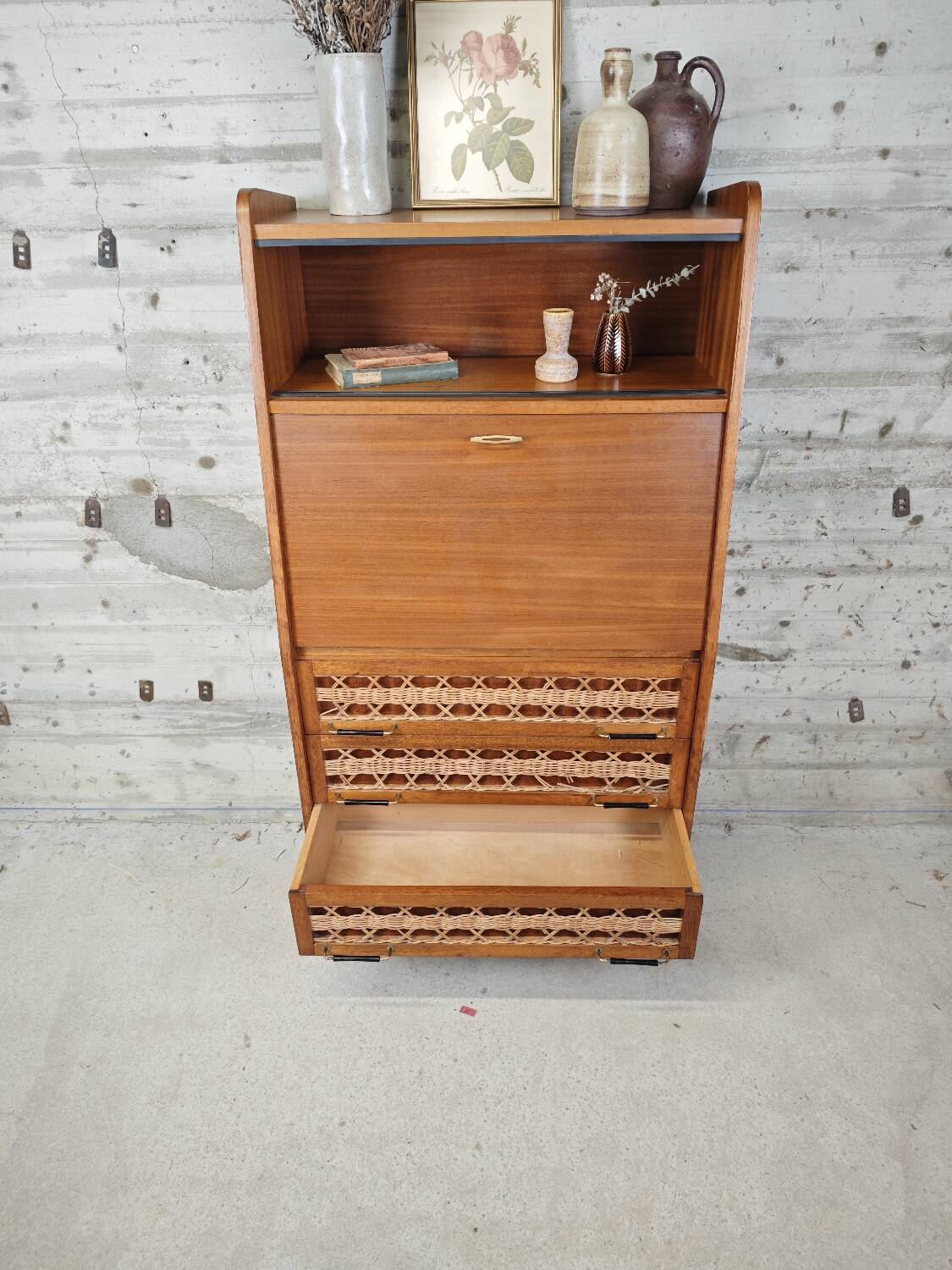 Vintage wooden and rattan secretary