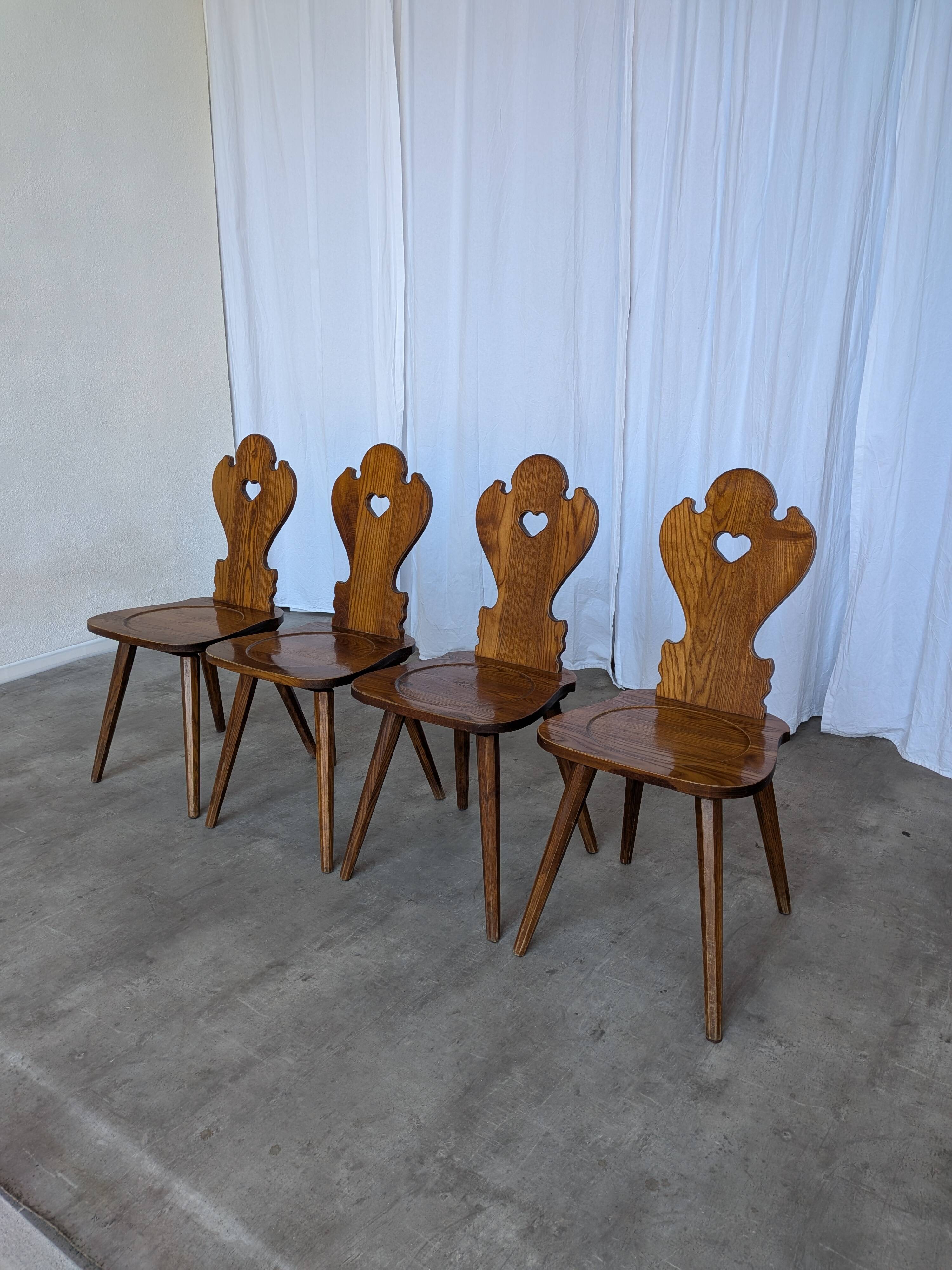 Set of 4 Farmhouse Tyrolean Chair with Heart Cutout Back / 1970s Vintage Di
