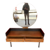 Scandinavian teak dressing table with a large round mirror.