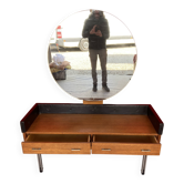 Coiffeuse scandinave en teck avec un grand miroir rond