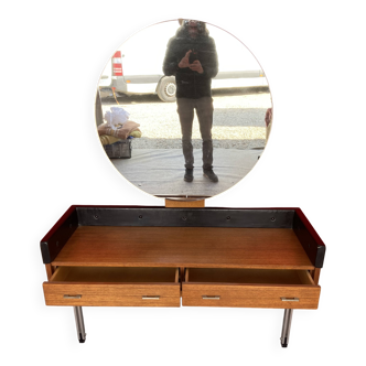 Coiffeuse scandinave en teck avec un grand miroir rond