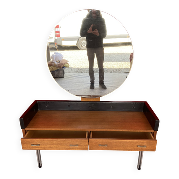 Coiffeuse scandinave en teck avec un grand miroir rond