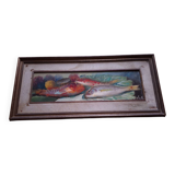 Oil on panel, still life with fish