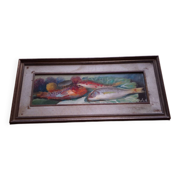 Oil on panel, still life with fish