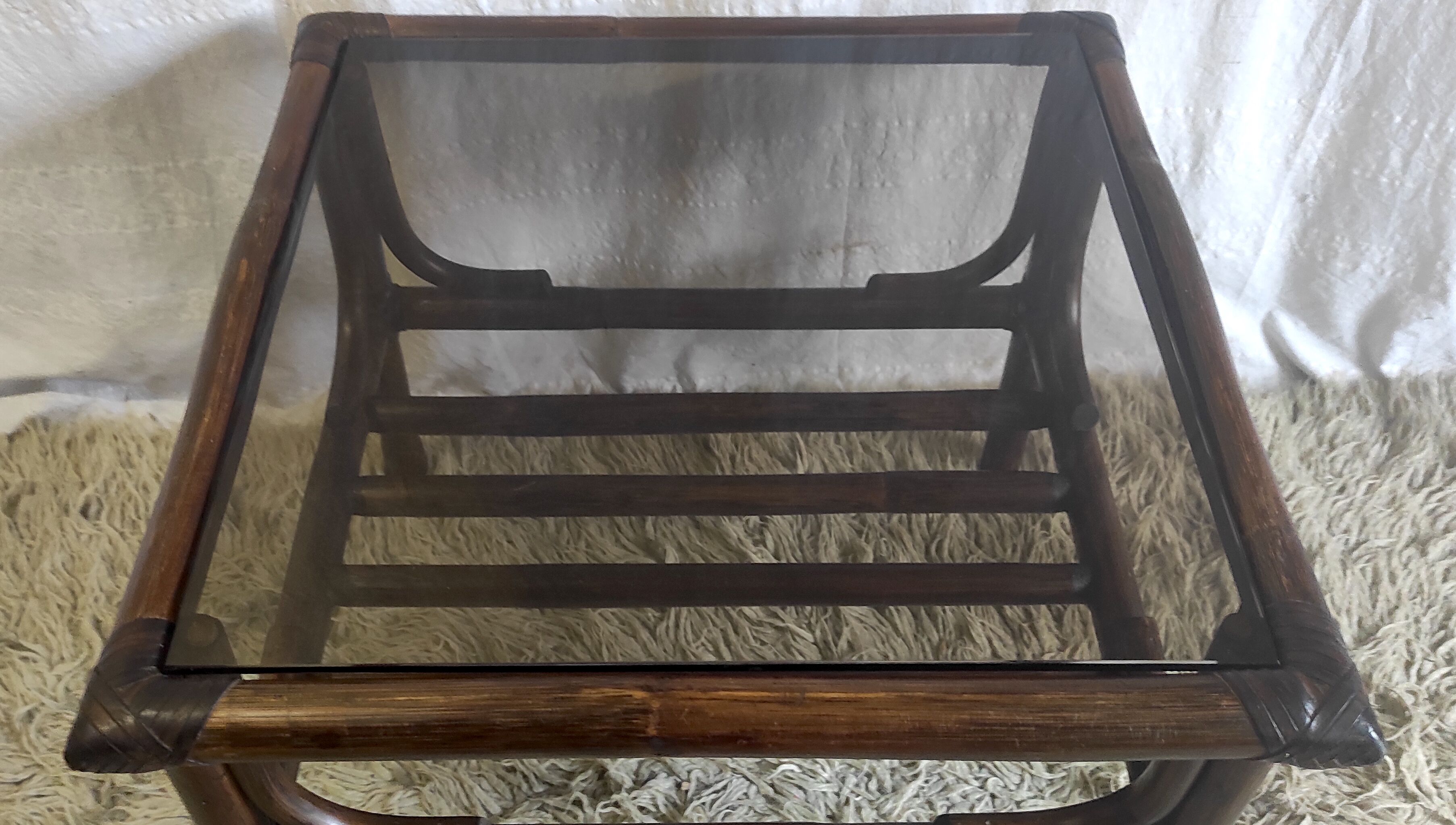 Rattan coffee table and smoked glass 60-70s