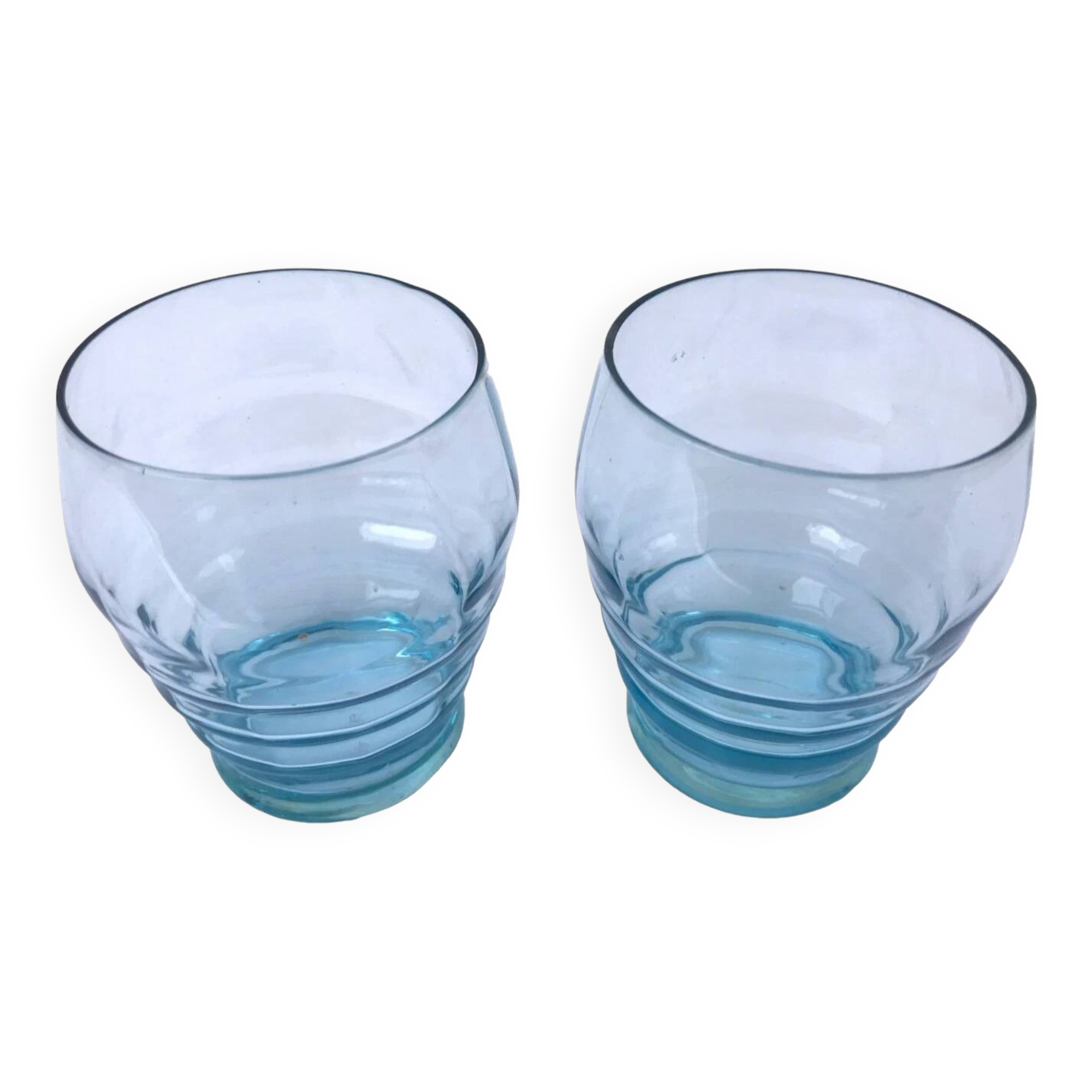 Art Deco 1930s 2 glasses Transparent turquoise blue glass