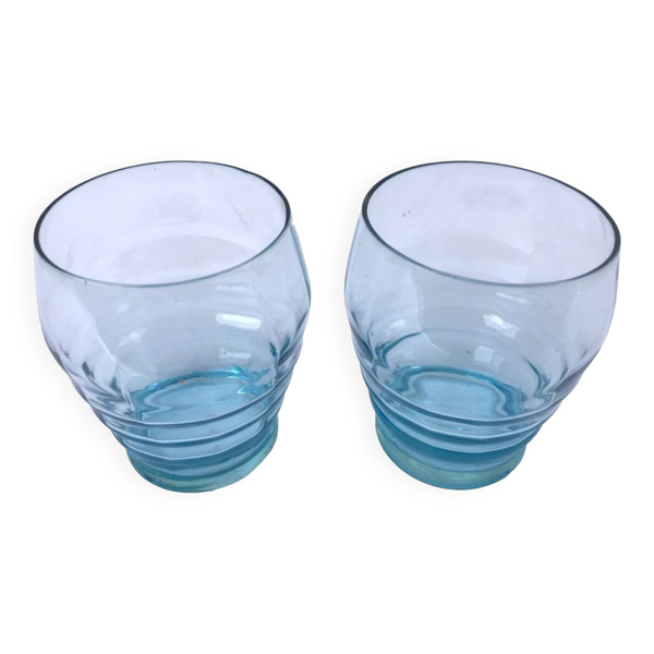 Art déco Années 1930  2 verres  Verre bleu turquoise transparent