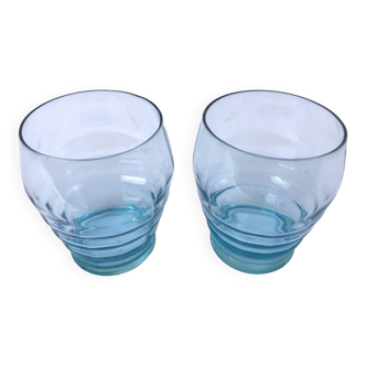 Art Deco 1930s 2 glasses Transparent turquoise blue glass