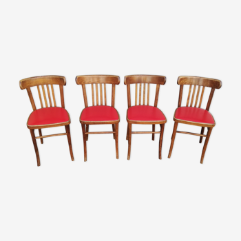 Set of 4 chairs bistro wood and red skai