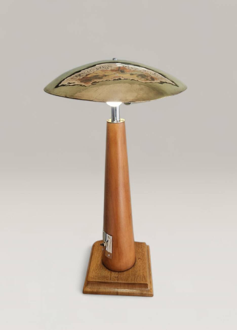 Modernist sculptural lamp wood/chrome/hammered brass - 1970s era