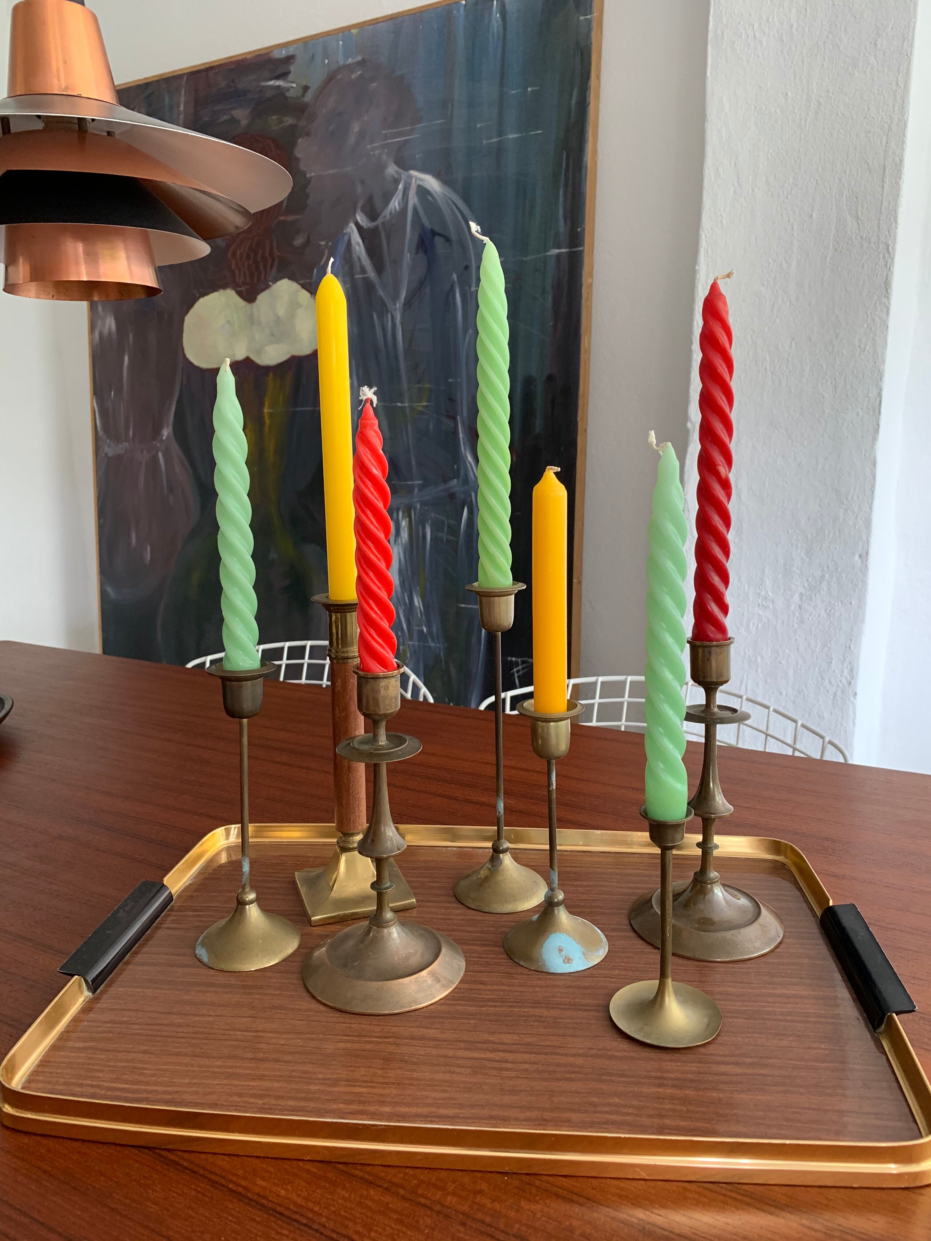 Set 7 mismatched brass and bronze candlesticks