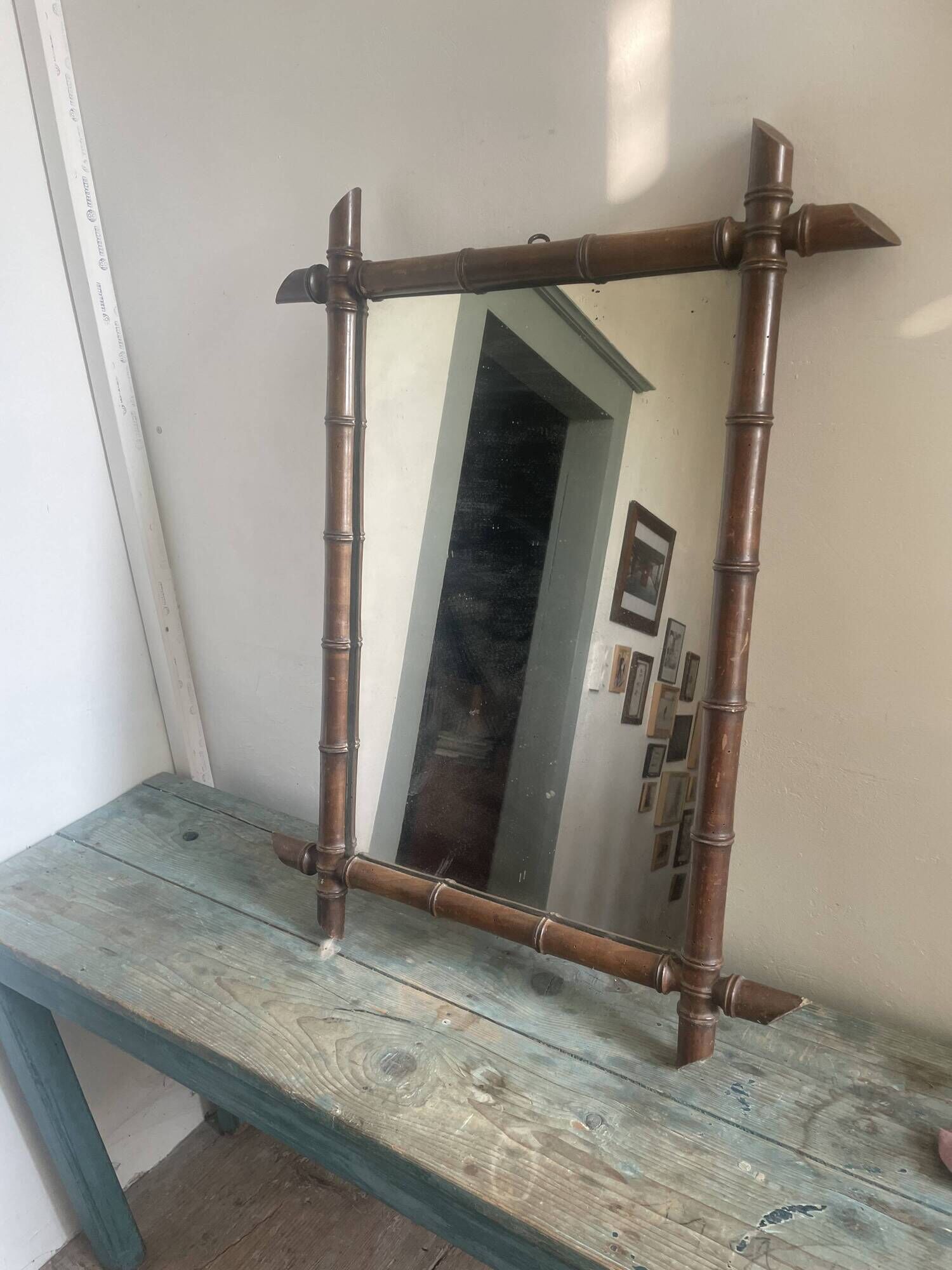 Large barber mirror from the 1940s/50s made of turned wood in a bamboo style.