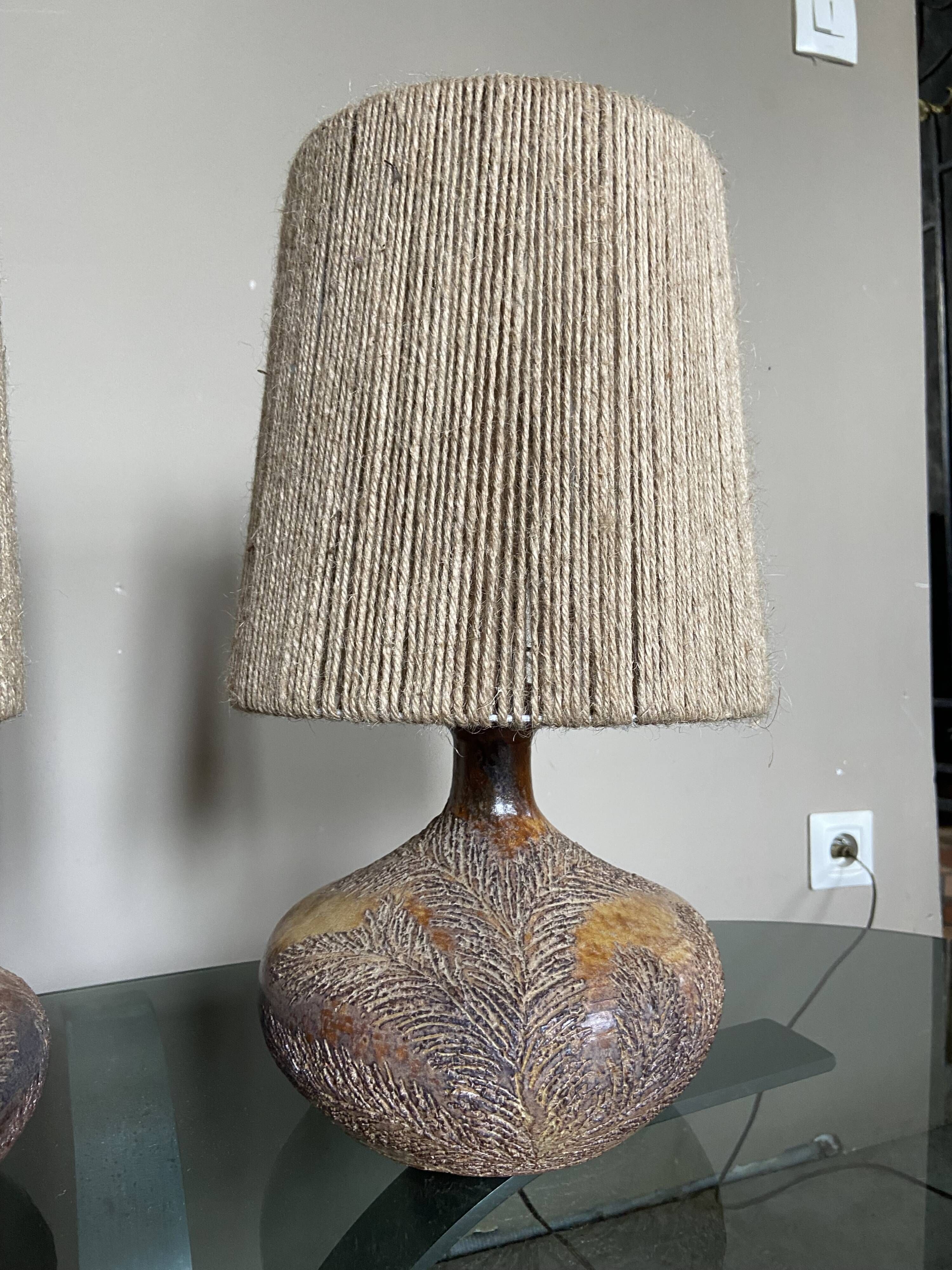 Pair of vintage Vallauris scarified seagrass stoneware lamps and rope lampshade