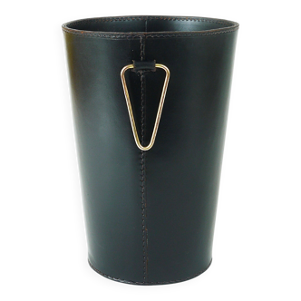 Mid-Century paper bin by Carl Auböck in black leather and brass, Austria, 1950s.