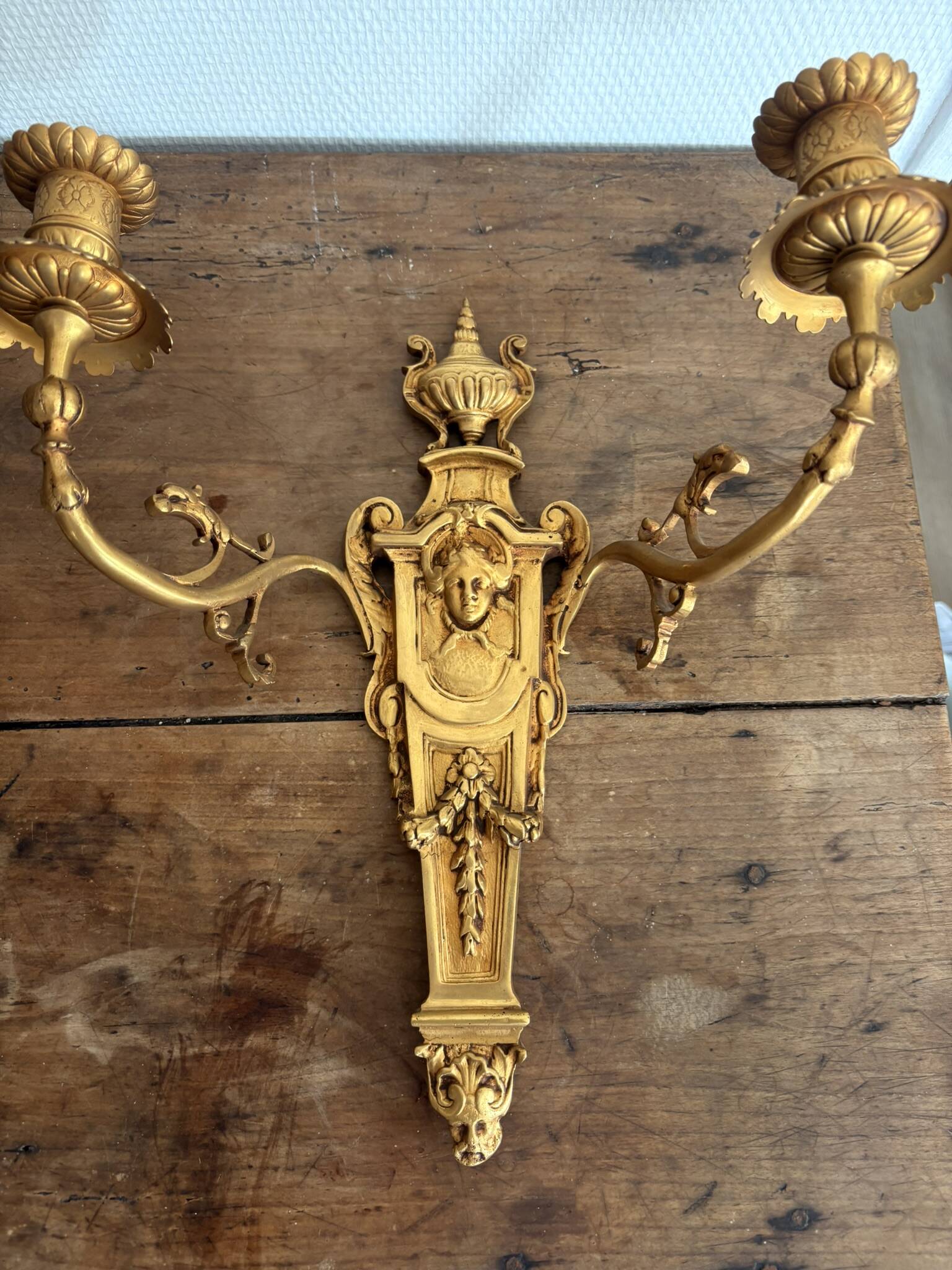 Pair of Gold Wall Sconces in Louis XVI Style from the Napoleonic III Era, Apolon, 19th Century