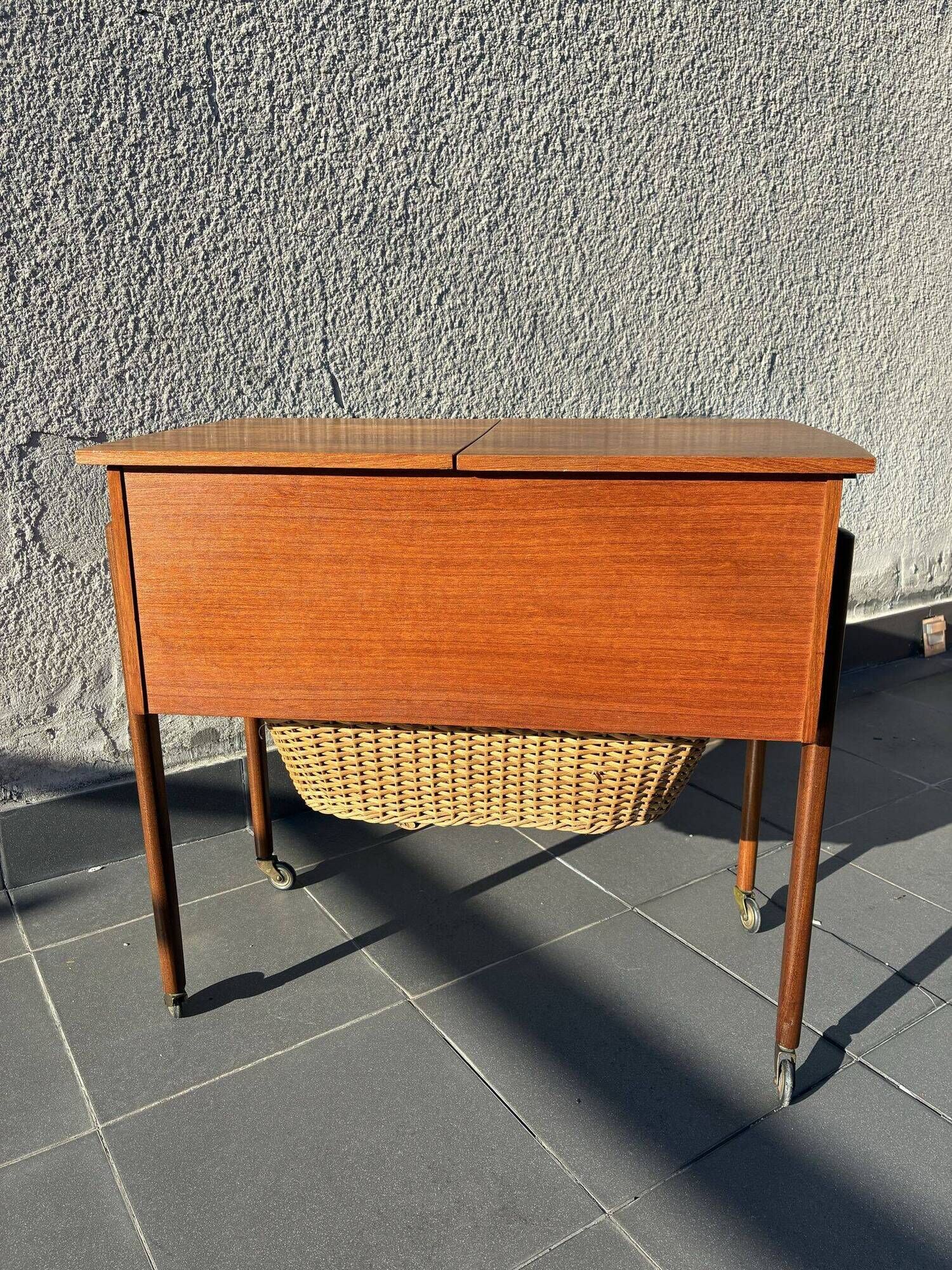 Danish teak sewing table with wicker basket, 1960s