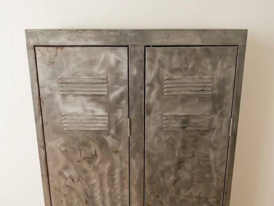 Patinated metal industrial-style locker cabinet