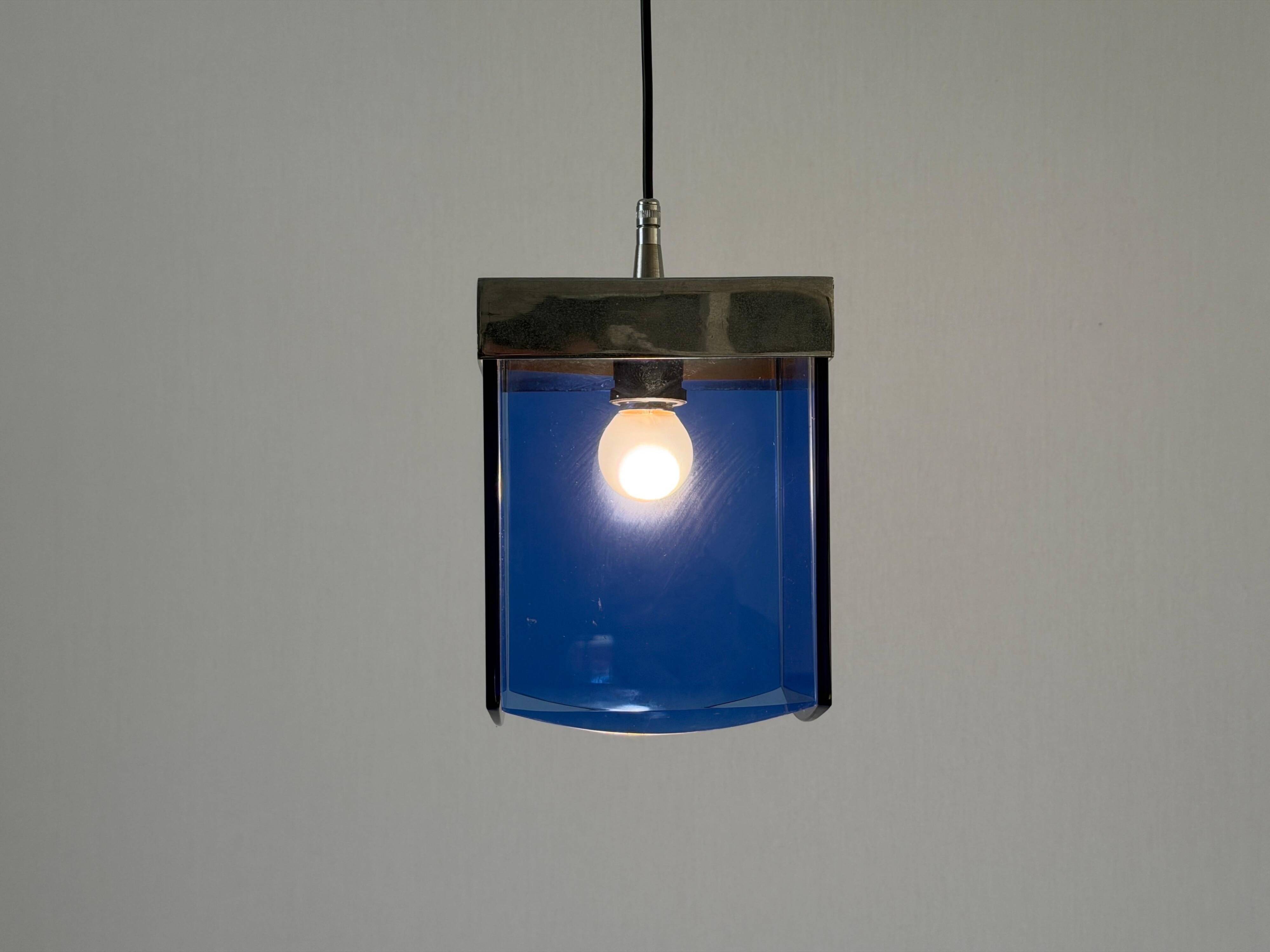 Art Deco ceiling light in blue glass and chrome, 1950s, Italy